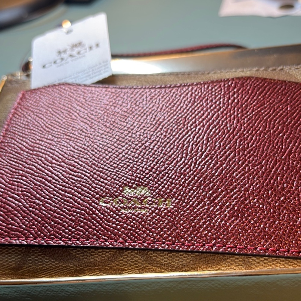 Coach Pebbled Leather Card Holder Wristlet in Burgundy with Gold Logo